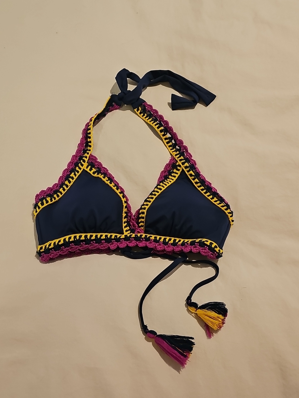 BECCA Navy Halter Bikini Top with Pink Crochet & Yellow Trim